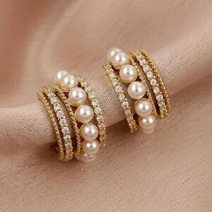 Gold or Silver Pearl Hoop Earrings CZ Diamond Hoops Wedding Party Hoop Earrings